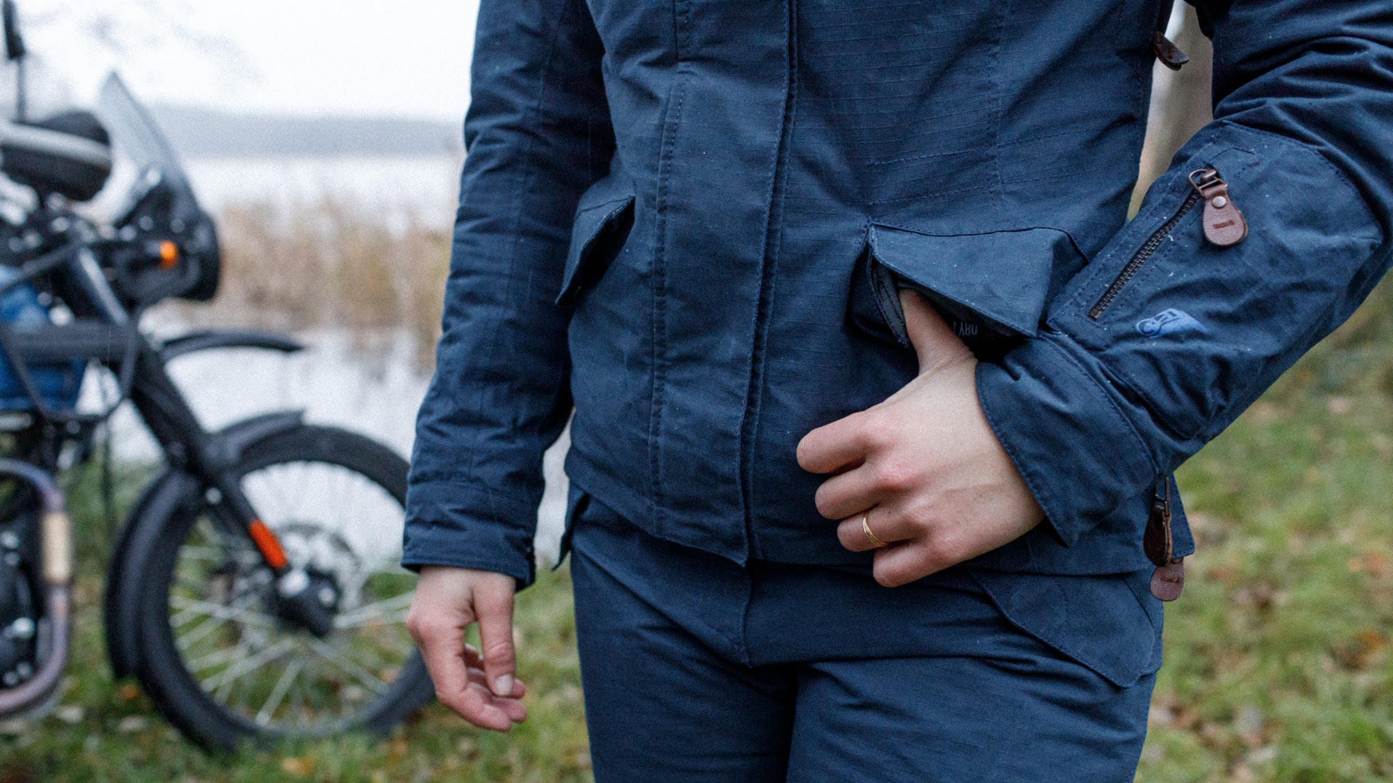 details of A Motorcycle Rider wearing North of Berlin moto65 suit