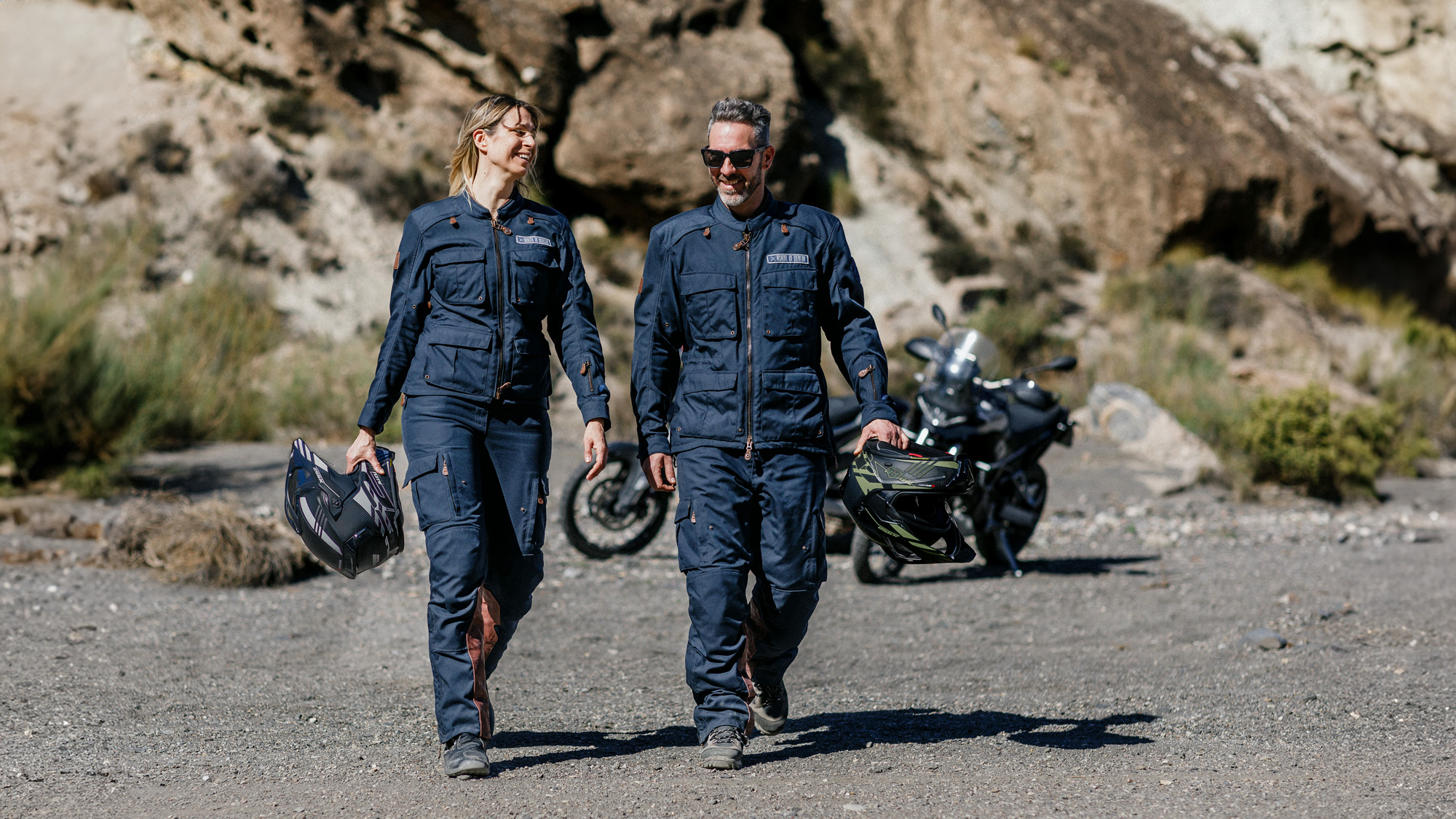 two Motorcycle Rider wearing North of Berlin, Dryzone Suit